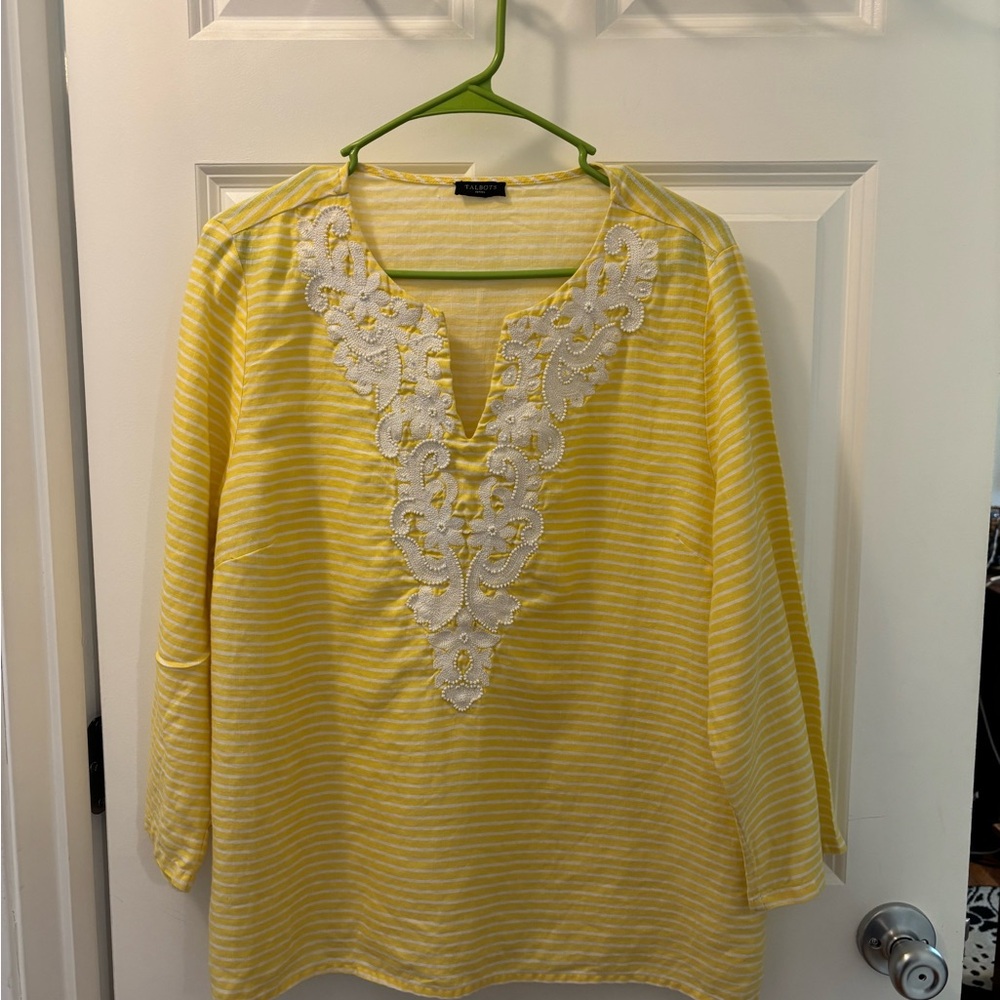 TALBOTS-PXL Linen Yellow Striped Top with White Embroidery & Beading